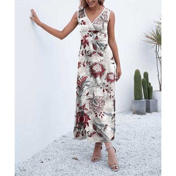 Women's Light Gray & Red Floral V-Neck Maxi Dress 2XL #2034-A3 - Picture 1 of 8